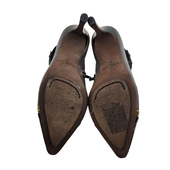 Derek Lam Devon Booties Heels Size 37 7 Ankle Strap Corpcore Gray Gold Black - Picture 8 of 10